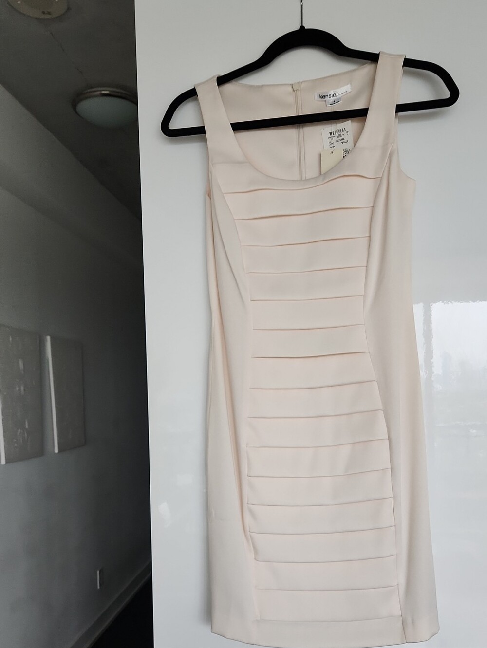 Kensie Cream Pleated-Panel Midi Sheath Dress